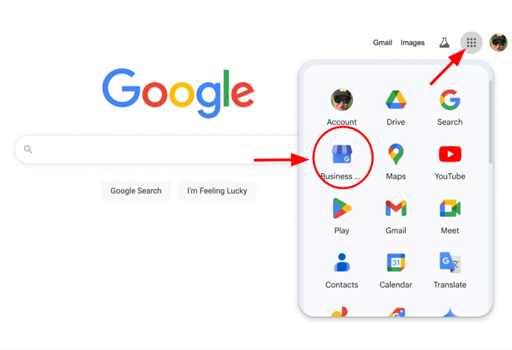 step-1.pg A Google homepage with the apps menu open, highlighting the "Business" app icon with red arrows and circles.