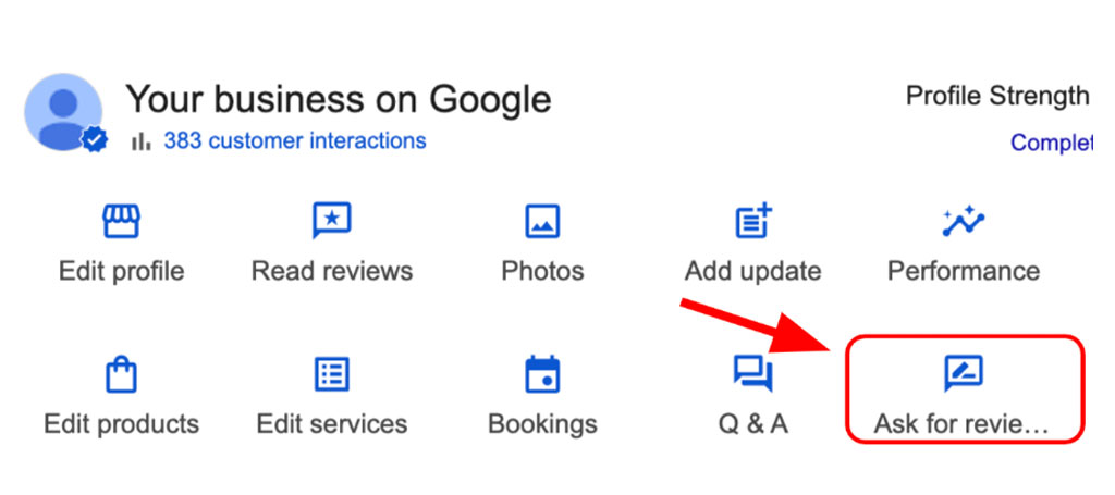 step-2 Screenshot of a Google Business profile dashboard highlighting the “Ask for reviews” button with a red arrow and box.