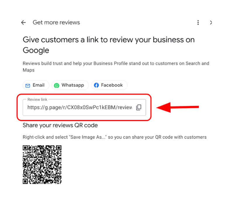 step-3 Screenshot showing instructions to share a Google review link for a business, with the review URL and a QR code highlighted by a red arrow and box.