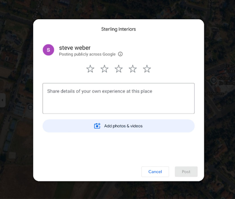 step-4 A Google review form for Sterling Interiors, prompting the user "steve weber" to rate and share their experience, with options to add photos or videos.